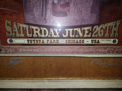 Title: 2010 Crossroads Guitar Festival Ltd Ed. Birch Panel Edition  Artist: Ron Donovan and Dave Hunter  Edition: Signed and numbered by both artists in a limited edition of 25 birch panels total.  Type: Printed on birch panel  Size: 23" x 35"  Location: Chicago, IL  Venue: Toyota Park  Notes: FRAMED by Jackson Junge Gallery in Chicago.  Created in 2010 for the Crossroads Guitar Festival which took place at Toyota Park in Chicago, Illinois on Saturday, June 26, 2010.