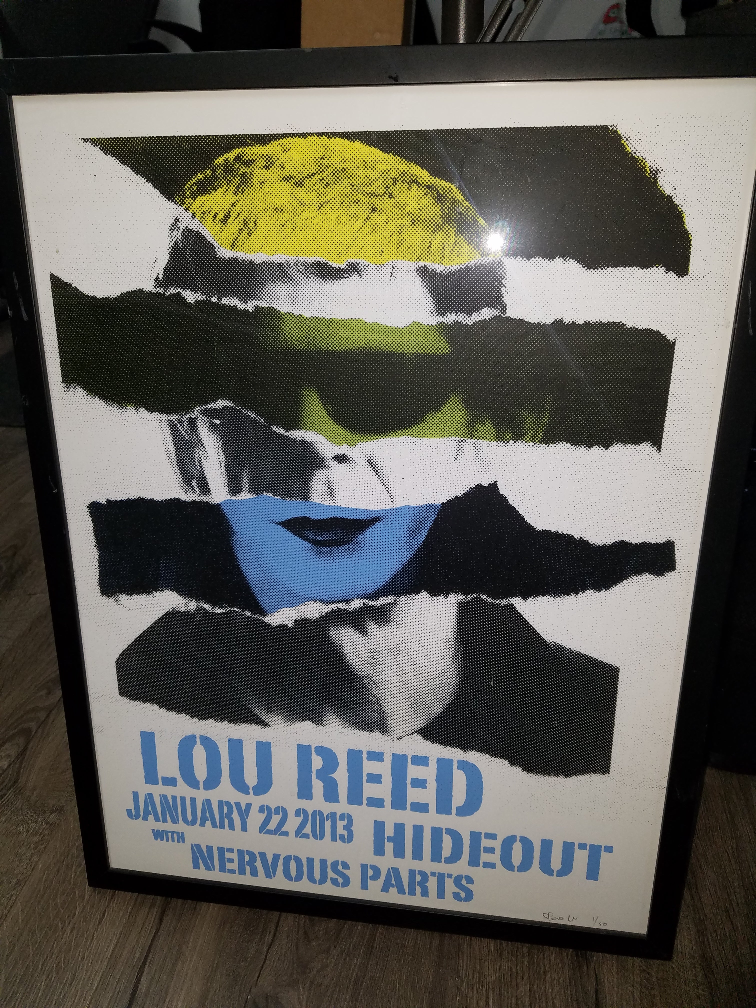 Title: Lou Reed 01/22/2013 Hideout with Nervous Parts  Artist: Steve W  Edition: Signed and numbered in a limited edition of 50 total copies from the artist.  Type: Screen Print Poster  Size: 18" x 24"  Framed dimensions: 19.5 x 25.5 inches  Notes: FRAMED in very good condition. Frame has minimal scuffing which is shown in pictures.