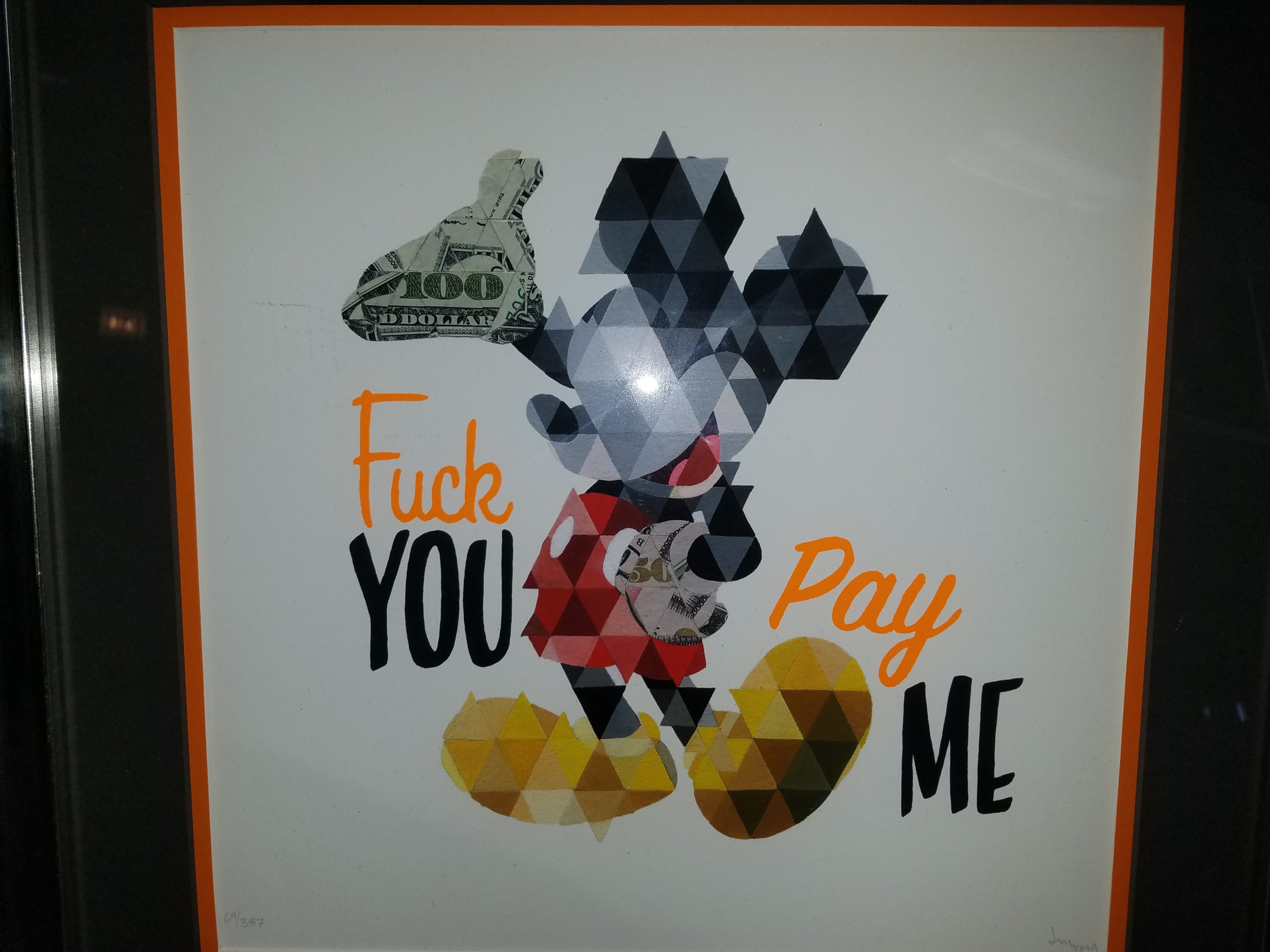 Title: F#ck You Pay Me  Artist:  Joseph Martinez  Edition:  xx/387 s/n  Type: Screen print poster FRAMED  Size: 12" x 12" out of the frame. 17.5" x 17.5" inches framed  Notes:   Released in 204.  In house and ready to ship!