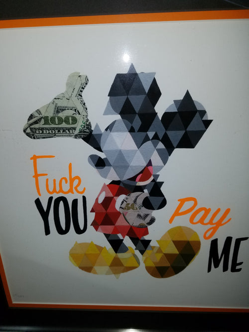 Title: F#ck You Pay Me  Artist:  Joseph Martinez  Edition:  xx/387 s/n  Type: Screen print poster FRAMED  Size: 12" x 12" out of the frame. 17.5" x 17.5" inches framed  Notes:   Released in 204.  In house and ready to ship!