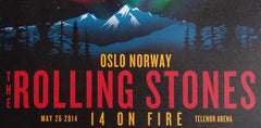 Title:  The Rolling Stones - 2014 OFFICIAL POSTER OSLO NORWAY #2  Poster artist:   Edition:  xx/500  Type: Limited edition lithograph   Size: 17" x 23"  Location: Oslo, Norway   Venue:  Telenor Arena   Notes:  1st edition, official poster hand numbered and embossed  Official poster, Europe 14 On Fire Tour original from the show!