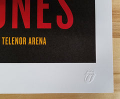 Title:  The Rolling Stones - 2014 OFFICIAL POSTER OSLO NORWAY #2  Poster artist:   Edition:  xx/500  Type: Limited edition lithograph   Size: 17" x 23"  Location: Oslo, Norway   Venue:  Telenor Arena   Notes:  1st edition, official poster hand numbered and embossed  Official poster, Europe 14 On Fire Tour original from the show!