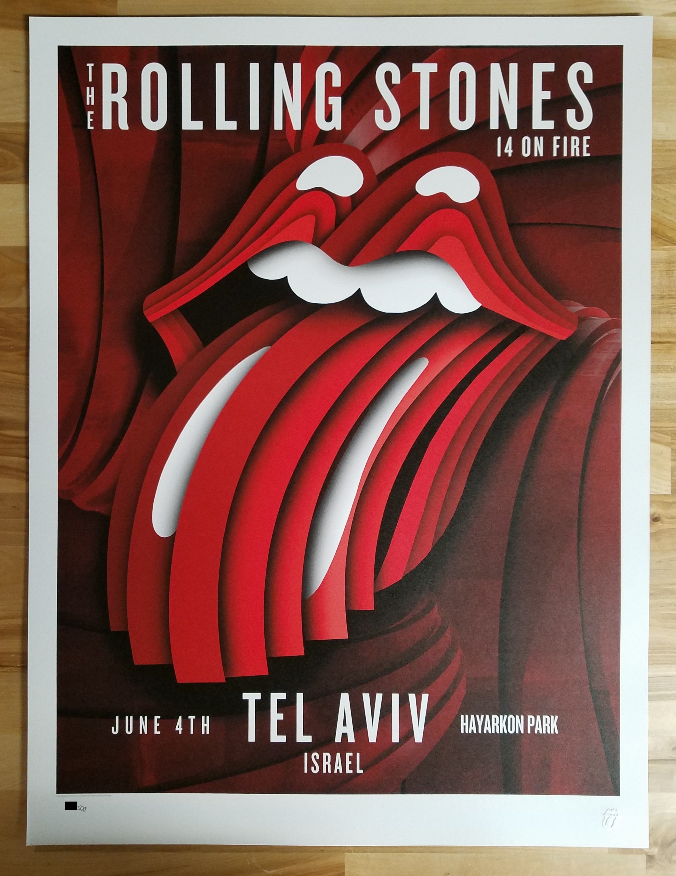 Title: Rolling Stones - 2014 OFFICIAL POSTER TEL AVIV, ISRAEL  Poster artist:   Edition:  xx/500  Type: Limited edition lithograph   Size: 17" x 23"  Location: Tel Aviv, Israel   Venue: Hayarkon Park   Notes:  1st edition, official poster hand numbered and embossed.  Official poster, Europe 14 On Fire Tour original from the show!