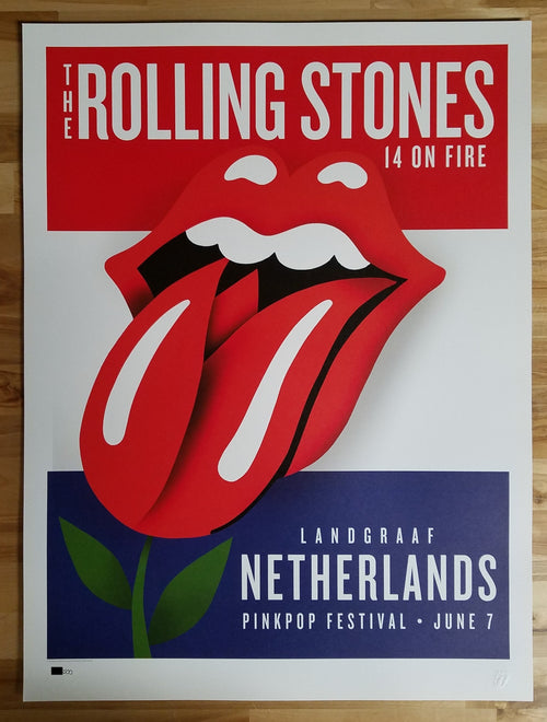 Title: Rolling Stones - 2014 OFFICIAL POSTER LANDGRAAF, NETHERLANDS #1  Poster artist:   Edition:  Lithograph  Type: Limited edition lithograph   Size: 17" x 23"  Location:  Landgraaf, Netherlands   Venue: Pinkpop Festival   Notes:   1st edition, official poster hand numbered and embossed.  Official poster, Europe 14 On Fire Tour original from the show!