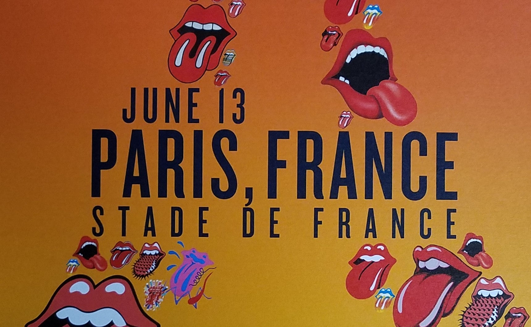 Title:  Rolling Stones - 2014 OFFICIAL POSTER PARIS FRANCE  Poster artist:   Edition:  xx/500  Type:  Limited edition lithograph   Size:  17" x 23"  Location: Paris, France   Venue: Stade De France   Notes:  1st edition, official poster hand numbered and embossed.  Official poster, Europe 14 On Fire Tour original from the show!