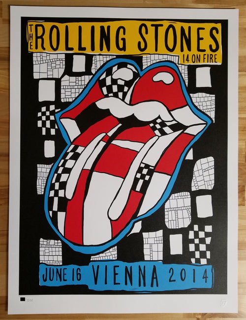 Title: Rolling Stones   Poster artist:   Edition: xx/500  Type: Lithograph   Size: 17" x 23"  Location: Vienna, Austria   Venue: Ernst Happel Stadium   Notes: Official poster, Europe 14 On Fire Tour original from the show!