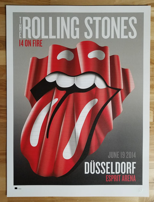 Title: Rolling Stones   Poster artist:   Edition:  xx/500  Type: Limited edition lithograph   Size: 17" x 23"  Location: Dusseldorf, Germany   Venue:  Esprit Arena   Notes:  1st edition, official poster hand numbered and embossed.  Official poster, Europe 14 On Fire Tour original from the show!