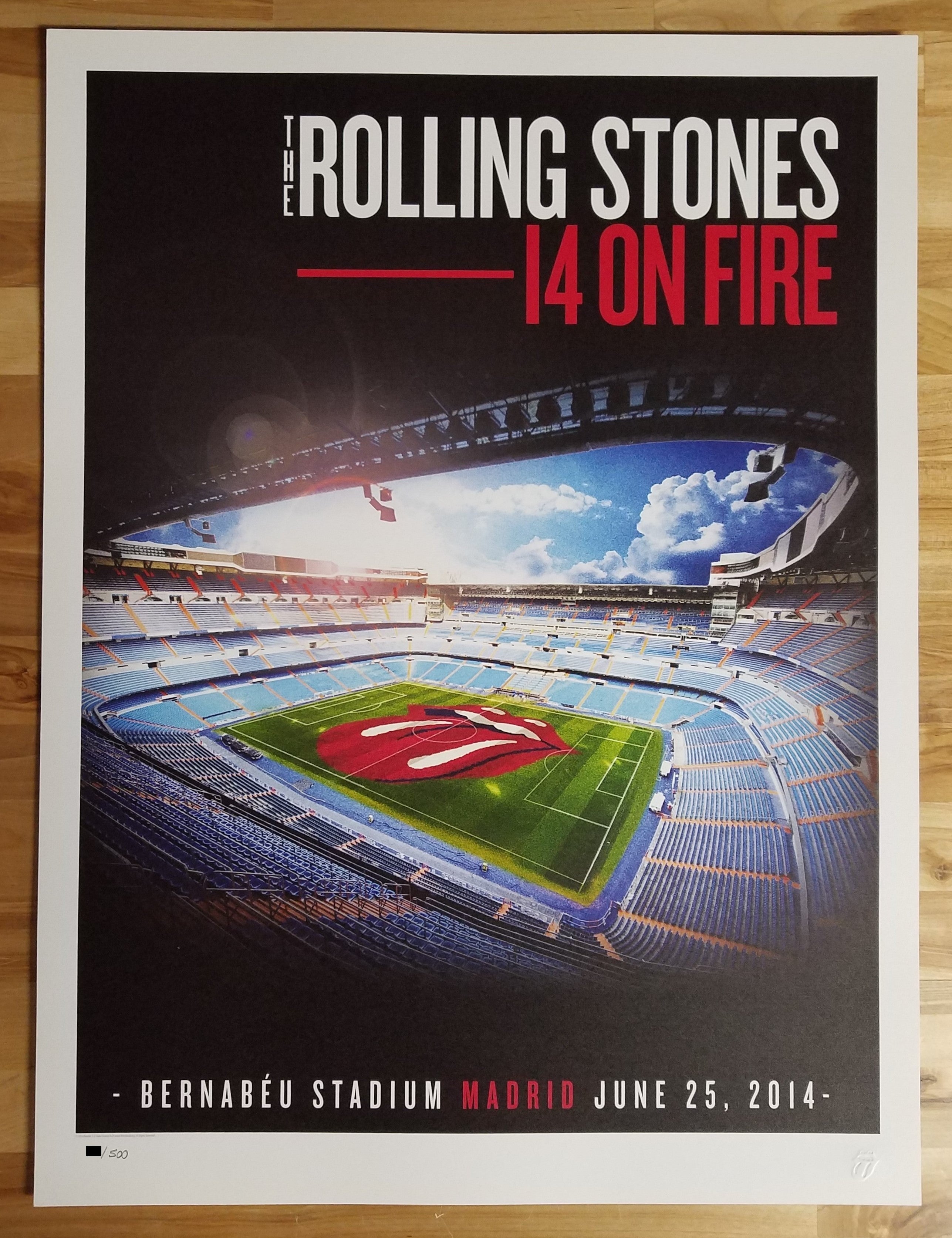 Title: Rolling Stones - 2014 OFFICIAL POSTER MADRID, SPAIN #1  Poster artist:   Edition:  xx/500  Type: Limited edition lithograph   Size: 17" x 23"  Location: Madrid, Spain   Venue: Bernabeu Stadium   Notes: 1st edition, official poster hand numbered and embossed.  Official poster, Europe 14 On Fire Tour original from the show!