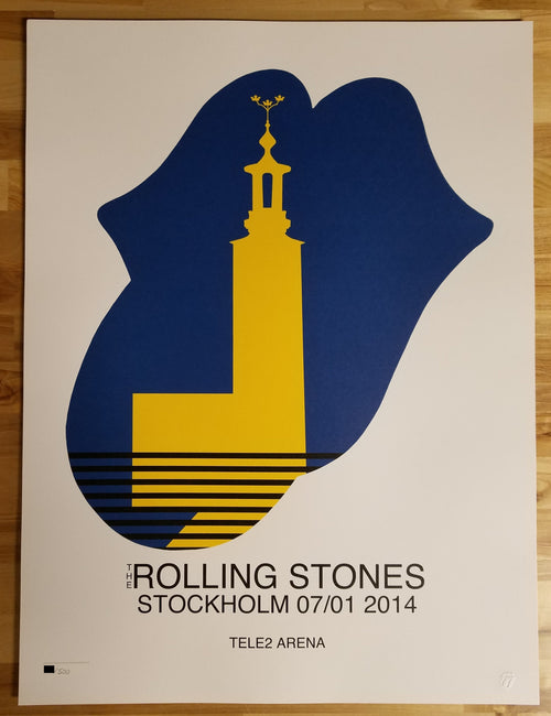 Title: Rolling Stones   Poster artist:   Edition:  xx/500  Type: Limited edition lithograph   Size: 17" x 23"  Location: Stockholm, Sweden   Venue: Tele2 Arena   Notes:  1st edition, official poster hand numbered and embossed.  Official poster, Europe 14 On Fire Tour original from the show!