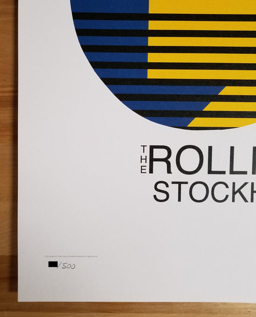 Title: Rolling Stones   Poster artist:   Edition:  xx/500  Type: Limited edition lithograph   Size: 17" x 23"  Location: Stockholm, Sweden   Venue: Tele2 Arena   Notes:  1st edition, official poster hand numbered and embossed.  Official poster, Europe 14 On Fire Tour original from the show!