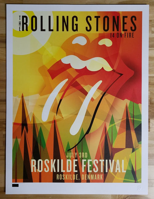 Title: Rolling Stones - 2014 OFFICIAL POSTER ROSKILDE, DENMARK  Poster artist:   Edition:  xx/500  Type: Limited edition lithograph   Size: 17" x 23"  Location: Roskilde, Denmark   Venue:  Roskilde Festival  Notes:  1st edition, official poster hand numbered and embossed.  Official poster, Europe 14 On Fire Tour original from the show!