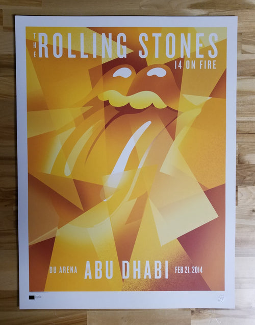Title: Rolling Stones   Poster artist:   Edition:  xx/500  Type: Limited edition lithograph   Size: 17" x 23"  Location: Abu Dhabi  Venue: Du Arena   Notes:  1st edition, official poster hand numbered and embossed.  Official poster, Asia 14 On Fire Tour original from the show!