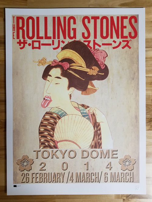 Title: Rolling Stones   Poster artist:   Edition:  xx/500  Type: Limited edition lithograph   Size: 17" x 23"  Location: Tokyo, Japan   Venue: Tokyo Dome   Notes:  1st edition, official poster hand numbered and embossed.  Official poster, Asia 14 On Fire Tour original from the show!