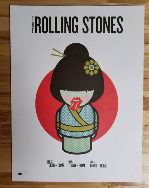 Title: Rolling Stones   Poster artist:   Edition:  xx/500  Type: Lithograph   Size: 17" x 23"  Location: Tokyo, Japan   Venue: Tokyo Dome   Notes:  1st edition, official poster hand numbered and embossed.  Official poster, Asia 14 On Fire Tour original from the show!