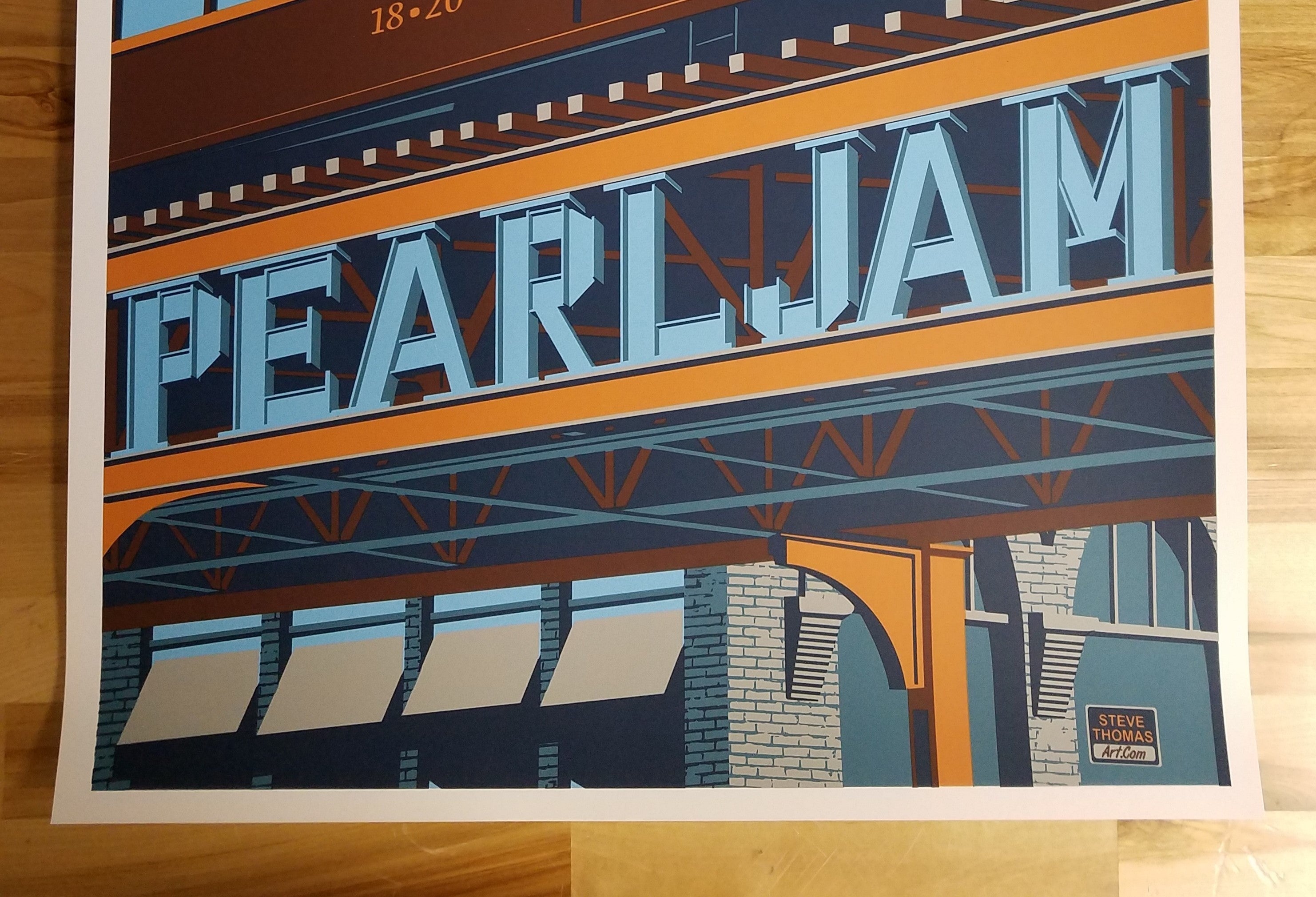 Title: Pearl Jam Wrigley Field (August 18th and 20th, 2018)  Artist: Steve Thomas  Edition: Official Merch Tent Poster, unsigned and unnumbered  Type: Screen print poster  Size: 18" x 24"  Location: Chicago, IL  Venue: Wrigley Field  Notes: Print is stored flat in very good condition. Released on August 16, 2018 at the Wrigley Field Merch Tent across the street from the field.
