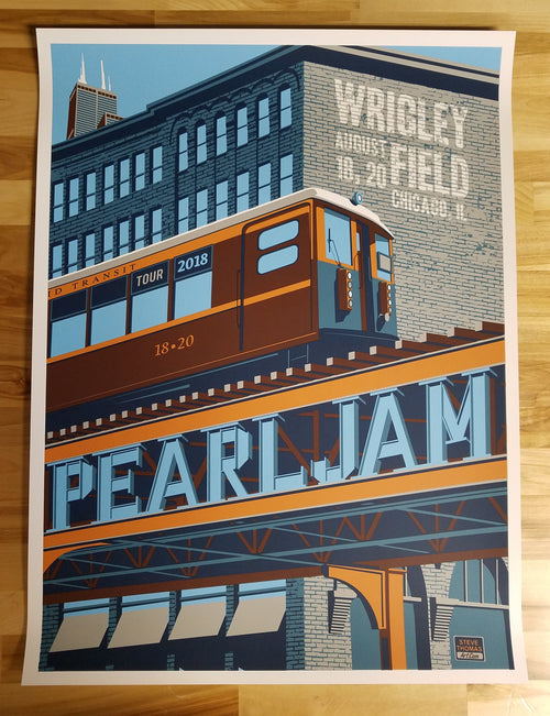 Title: Pearl Jam Wrigley Field (August 18th and 20th, 2018)  Artist: Steve Thomas  Edition: Official Merch Tent Poster, unsigned and unnumbered  Type: Screen print poster  Size: 18" x 24"  Location: Chicago, IL  Venue: Wrigley Field  Notes: Print is stored flat in very good condition. Released on August 16, 2018 at the Wrigley Field Merch Tent across the street from the field.