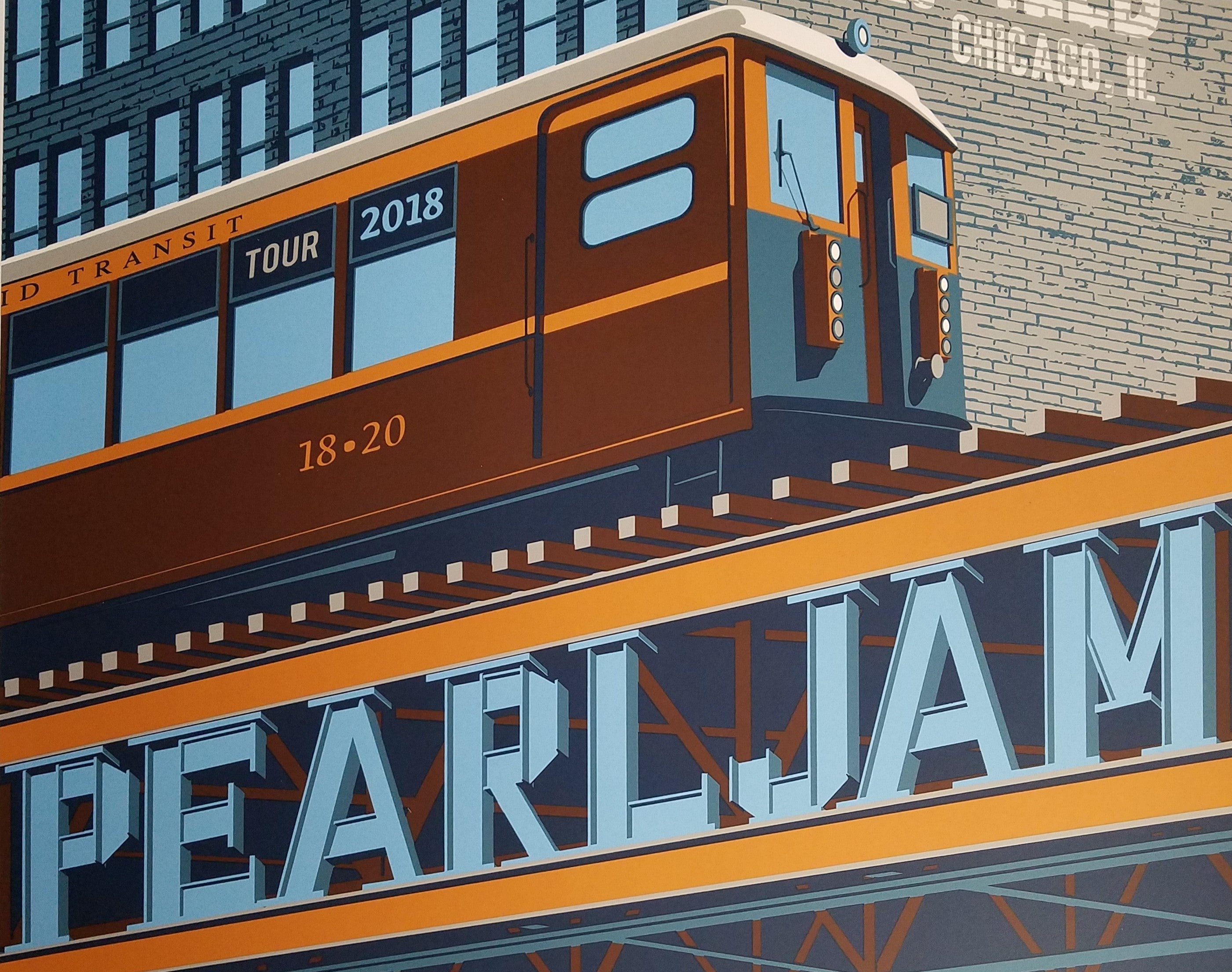 Title: Pearl Jam Wrigley Field (August 18th and 20th, 2018)  Artist: Steve Thomas  Edition: Official Merch Tent Poster, unsigned and unnumbered  Type: Screen print poster  Size: 18" x 24"  Location: Chicago, IL  Venue: Wrigley Field  Notes: Print is stored flat in very good condition. Released on August 16, 2018 at the Wrigley Field Merch Tent across the street from the field.