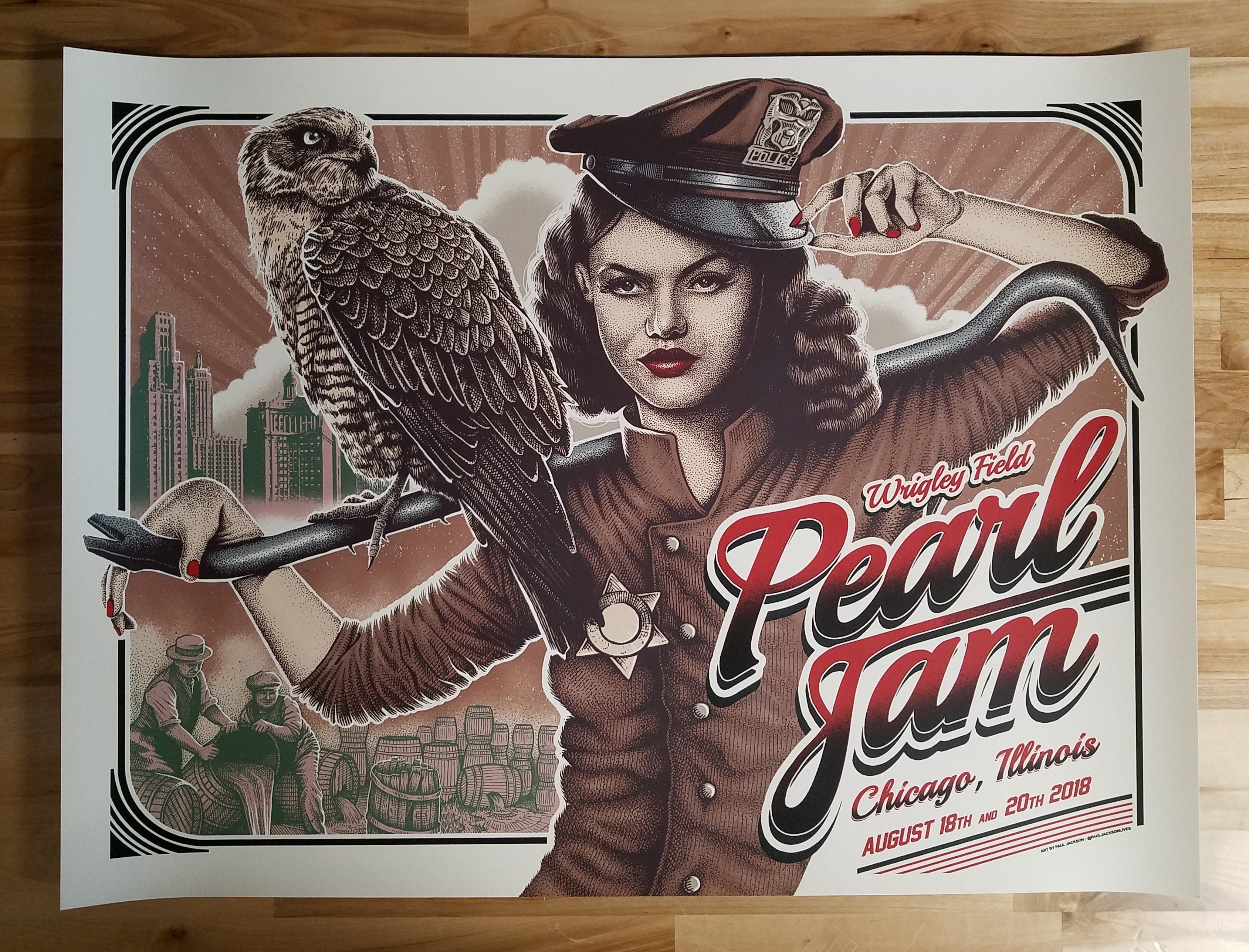 Title:  Pearl Jam Bros Wrigley Field - 2018  Artist:  Paul Jackson  Edition:  Released on August 16, 2018. Wrigley Field Merch Tent Edition, not signed or numbered.  Type: Screen print poster  Size: 24" x 18" inches  Location:  Chicago, IL  Venue: Wrigley Field  Notes:  Very Good Condition.  Created by the artist Paul Jackson for the two Wrigley Field shows taking place on August 18th & August 20th, 2018.  Check out our other listings for more hard to find and out of print posters.