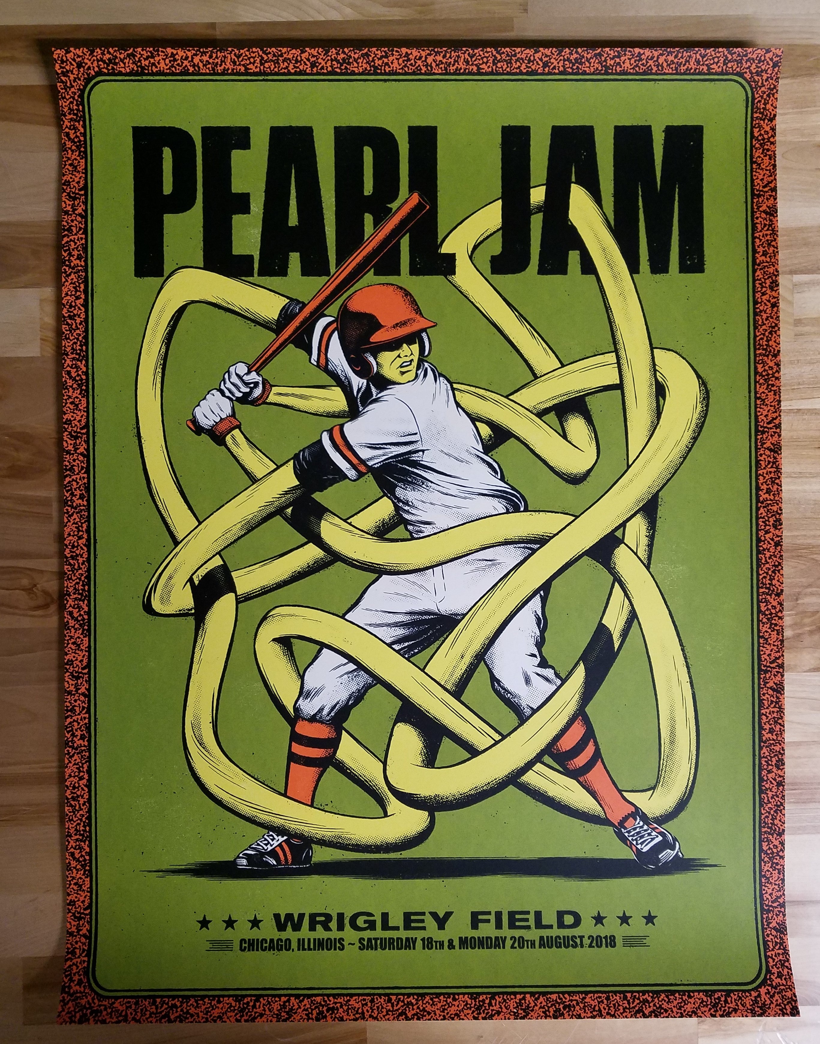 Title:  Pearl Jam Ames Bros Wrigley Field (August 18th and 20th, 2018)  Artist:  Andrew Fairclough  Edition:  Official Merch Tent Poster, unsigned and unnumbered  Type:  Screen print poster  Size:  18" x 24"   Location: Chicago, IL  Venue: Wrigley Field  Notes:   Released on August 16, 2018 at the Wrigley Field Merch Tent across the street from the field.  Check out our other listings for more hard to find and out of print posters.