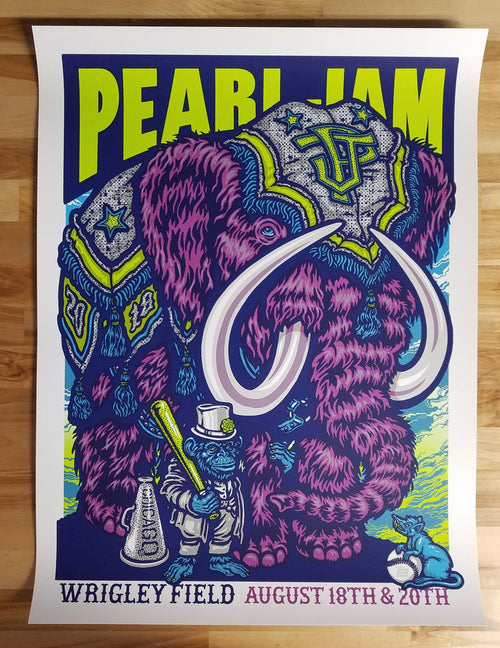 Title:  Pearl Jam Ames Bros Wrigley Field 2018  Poster artist:  Ames Bros. Edition:   Type: Size:  18" x 24" Location:  Chicago, Illiniois Venue:  Wrigley Field Notes:  For the two Wrigley Field shows taking place on August 18th & August 20th, 2018.  Unsigned and Unnumbered - released on August 16, 2018 at the Wrigley Field Merch Tent across the street from the field.