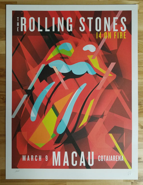 Title: Rolling Stones - 2014 OFFICIAL POSTER MACAU COTAIARENA  Poster artist:   Edition: xx/500  Type:  Lithograph   Size: 17" x 23"  Location:  Macau, China   Venue:  Cotaiarena   Notes:  1st edition, official poster hand numbered and embossed.  Official poster, Asia 14 On Fire Tour original from the show! 