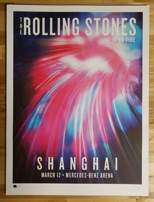Title: Rolling Stones   Poster artist:   Edition:  xx/500  Type: Limited edition lithograph   Size: 17" x 23"  Location: Shanghai, China   Venue: Mercedes-Benz Arena   Notes:  1st edition, official poster hand numbered and embossed.  Official poster, Asia 14 On Fire Tour original from the show