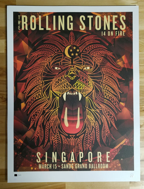 Title:  The Rolling Stones - 2014 OFFICIAL POSTER SINGAPORE SANDS GRAND BALLROOM  Poster artist:   Edition:  xx/500  Type: Limited edition lithograph   Size: 17" x 23"  Location: Singapore  Venue:  Sands Grand Ballroom   Notes:  1st edition, official poster hand numbered and embossed.  Official poster, Asia 14 On Fire Tour original from the show!