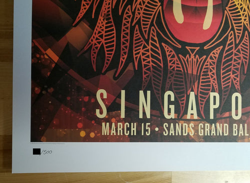 Title:  The Rolling Stones - 2014 OFFICIAL POSTER SINGAPORE SANDS GRAND BALLROOM  Poster artist:   Edition:  xx/500  Type: Limited edition lithograph   Size: 17" x 23"  Location: Singapore  Venue:  Sands Grand Ballroom   Notes:  1st edition, official poster hand numbered and embossed.  Official poster, Asia 14 On Fire Tour original from the show!