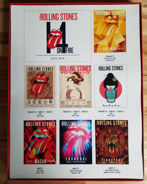 Title:  Rolling Stones   Edition: 1st edition, official poster hand numbered and embossed  Type:  Limited edition lithograph   Size: 17" x 23"  Location:  Abu Dhabi, Tokyo, Macau, Shanghai, Singapore  Venue:  Du Arena, Tokyo Dome, Cotai Arena, Mercedes-Benz Arena, Sands Grand Ballroom  Notes:  Official posters, 7 On Fire Asia Tour original from the show!