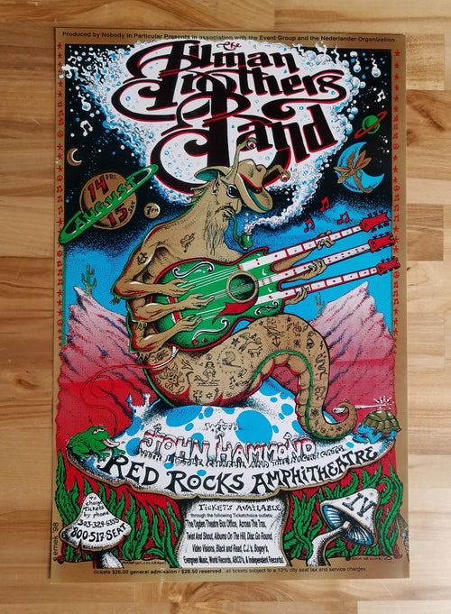 "Allman Brothers Screenprint Poster Red Rocks 1998" by Emek.  8/14/98 and 8/15/98.  Print is IN HOUSE and READY TO SHIP!