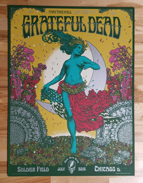 Title:  Grateful Dead - Fare Thee Well  Artist:  Richey Beckett  Edition:  Released at their July 3rd, 4th and 5th 2016 shows, signed and numbered artist edition  Type:  Screen printed poster  Size:  18 "x 24"  Venue:  Soldier Field  Location:  Chicago, IL  Notes:  Print is stored flat in very good condition. Following purchase, prints are rolled in archival paper and shipped with bubble wrap in sturdy cardboard tubes.  Check out our other listings for more hard-to-find and out-of-print posters.