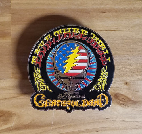 Title:  Grateful Dead 50th Anniversary Enamel Pin Set  Edition:  50th Anniversary  Type:  Set of 2 Enamel Pins  Size:   2 x 2" and 2" x 1.5"  Notes:  2-clasp backing