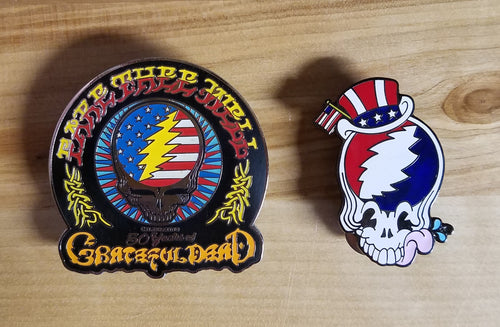 Title:  Grateful Dead 50th Anniversary Enamel Pin Set  Edition:  50th Anniversary  Type:  Set of 2 Enamel Pins  Size:   2 x 2" and 2" x 1.5"  Notes:  2-clasp backing
