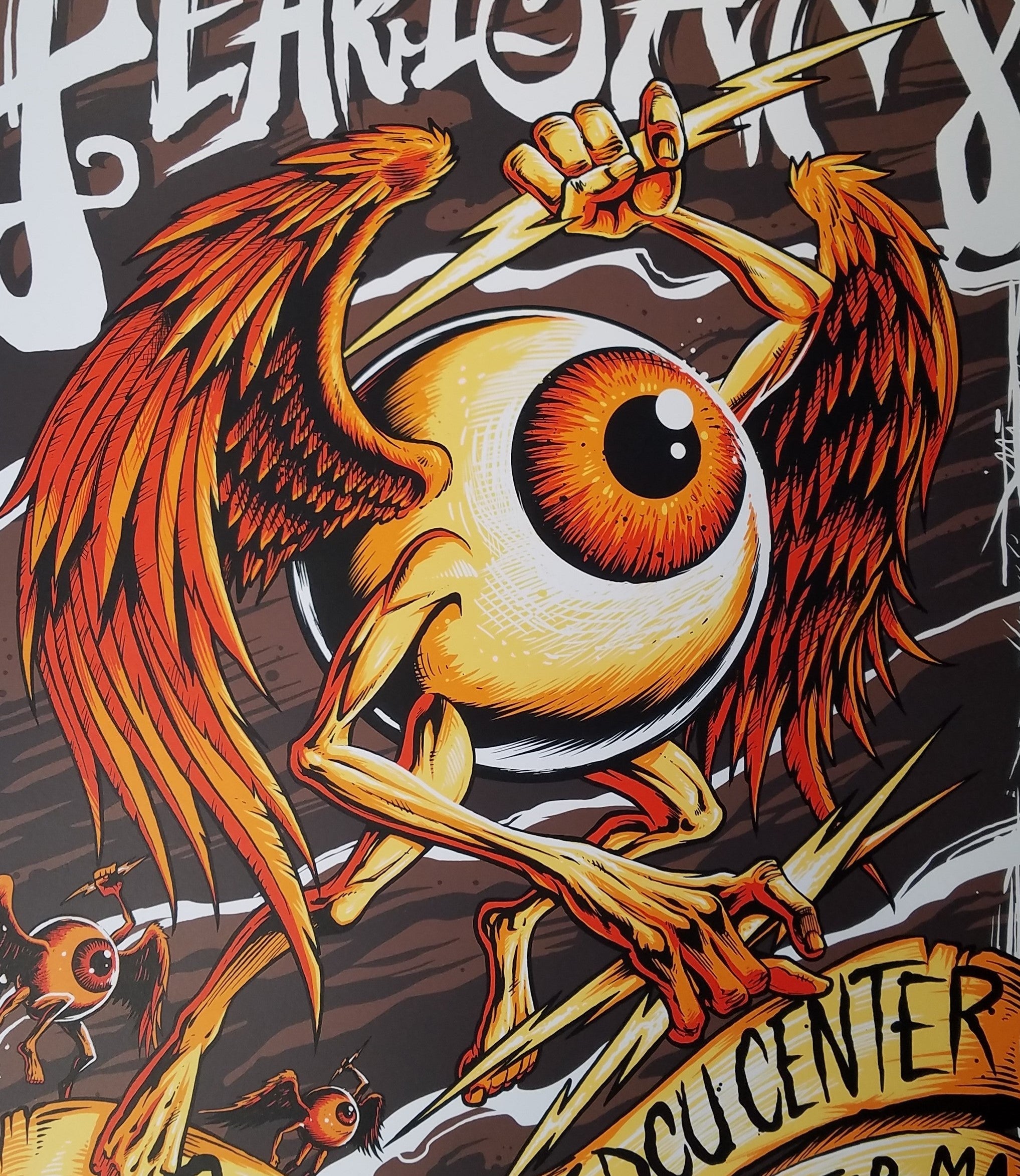 Title:  Pearl Jam - DCU Center 2013 Worcester MA  Artist:  Brandon Heart  Edition:  Limited edition Screen Printed Poster of 100, signed and numbered by the artist  Type:  Screen Print  Size:  18" x 24"  Location:  Worcester, MA  Venue:  DCU Center  Notes:  This beautiful 6-color screen print for Pearl Jam’s October 15th show at the DCU Center in Worcester, MA pays homage to legendary psychedelic poster artist Rick Griffin's "flying eyeball" and remains in perfect condition.