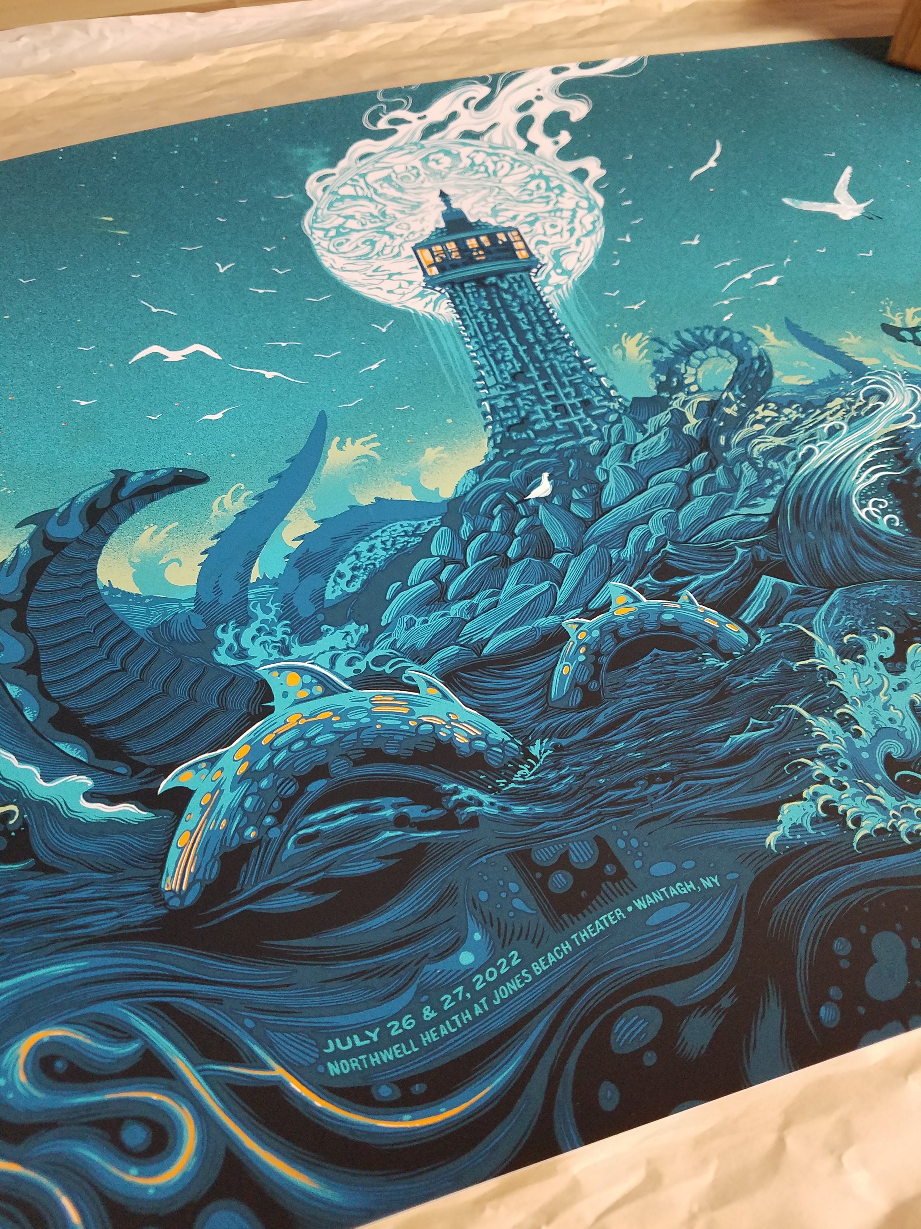Title: Phish Jones Beach Poster - 2022  Artist: Paul Kreizenbeck  Edition:   x x/150  Type:  Screen Print  Size: 18" x 24"  Notes:  Print is stored flat in very good condition.  7 color print, signed and numbered by the artist.  Following purchase, print will be rolled in kraft paper and shipped in a sturdy cardboard tube which is padded on both ends with bubble wrap.