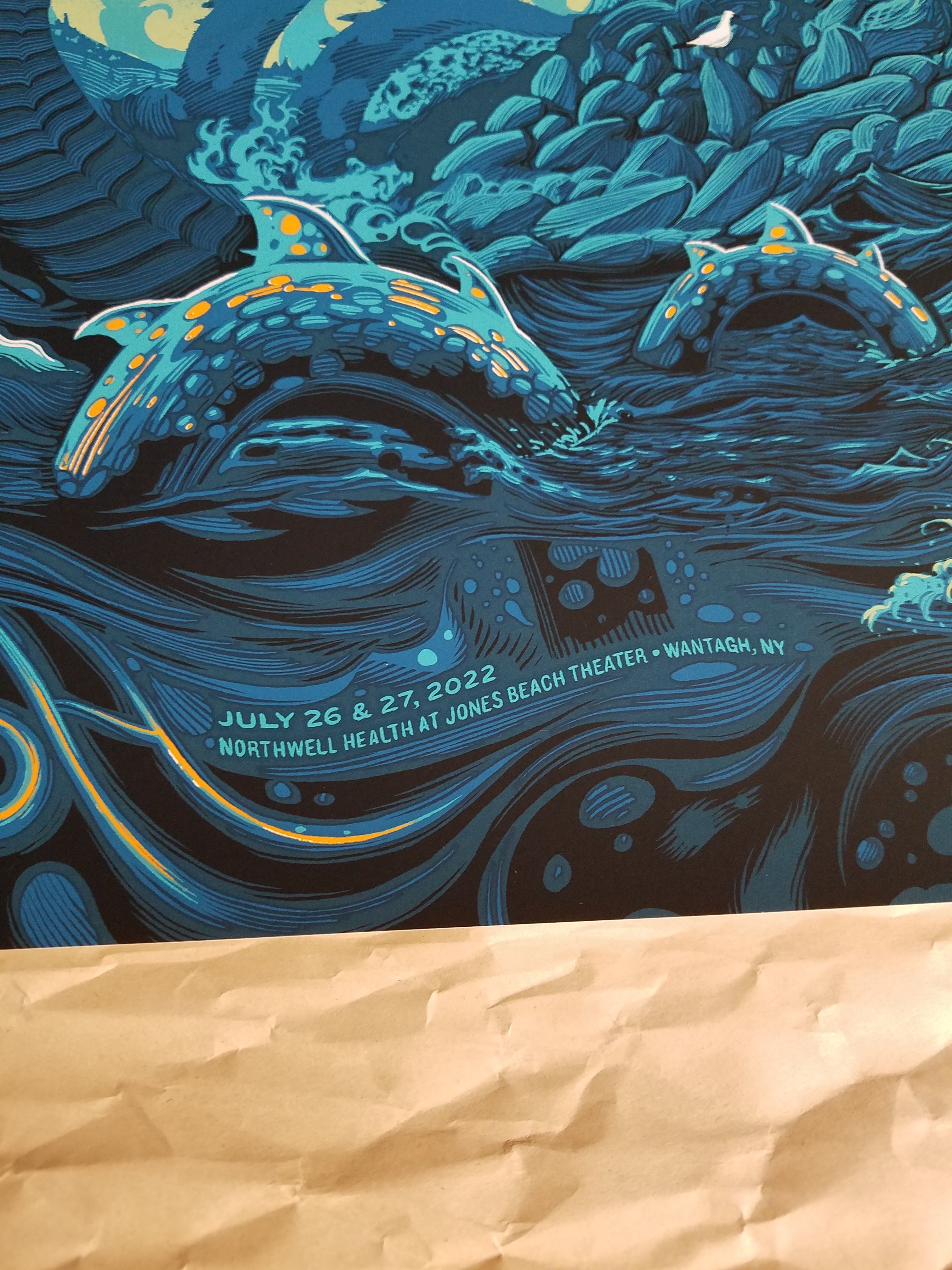 Title: Phish Jones Beach Poster - 2022  Artist: Paul Kreizenbeck  Edition:   x x/150  Type:  Screen Print  Size: 18" x 24"  Notes:  Print is stored flat in very good condition.  7 color print, signed and numbered by the artist.  Following purchase, print will be rolled in kraft paper and shipped in a sturdy cardboard tube which is padded on both ends with bubble wrap.