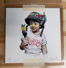 Title: Roamcouch "Bomber Boy" (sculpture and print)  Artist: Roamcouch x Silent Stage Gallery  Edition: 2022 Resin Sculpture + Mini Print xx/10, signed and numbered by the artist  Size: Sculpture - 9" tall  Mini Print - 8" x 8 inches"