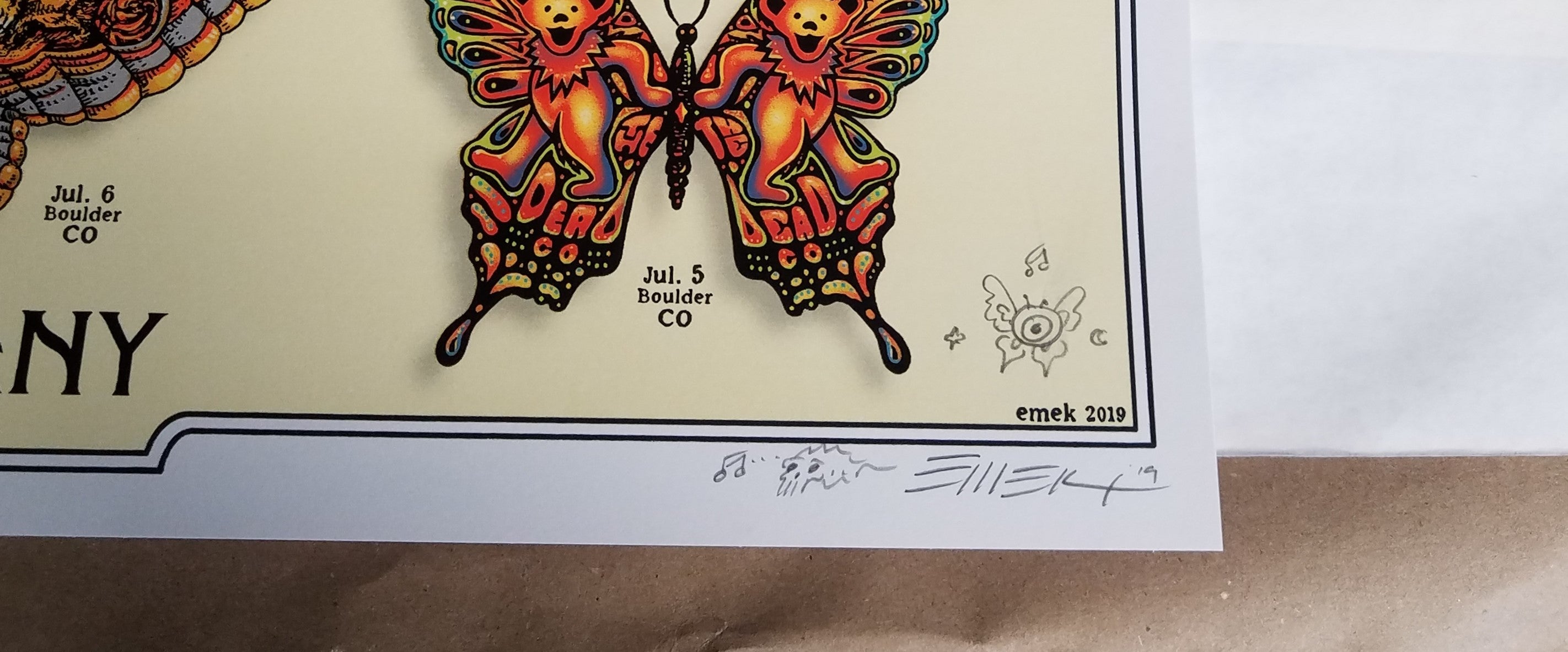 Title:  Dead and Company Summer Tour 2019 Butterflies Artist Edition by Emek  Artist:  Emek  Edition:  xx/100  Type:  Screen Print  Size:  18" x 24"  Location:  Various  Venue:  Various  Notes:  2019 Dead & Company Summer Tour Poster.  Signed, numbered, embossed and double doodled by the artist  All prints are stored flat.  Following purchase, all prints are rolled in archival paper and shipped in a sturdy cardboard tube which is bubble wrapped on the inside for each end.