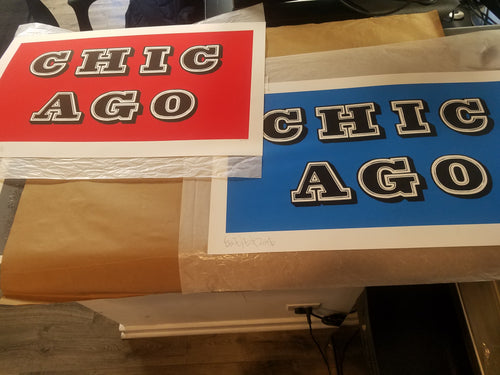 Chicago Set (Red + Blue) 2018 by Ben Eine.   Chicago, IL  Notes: Only 25 sets of matching numbers!  2-color screen print on Somerset satin 300gsm paper.