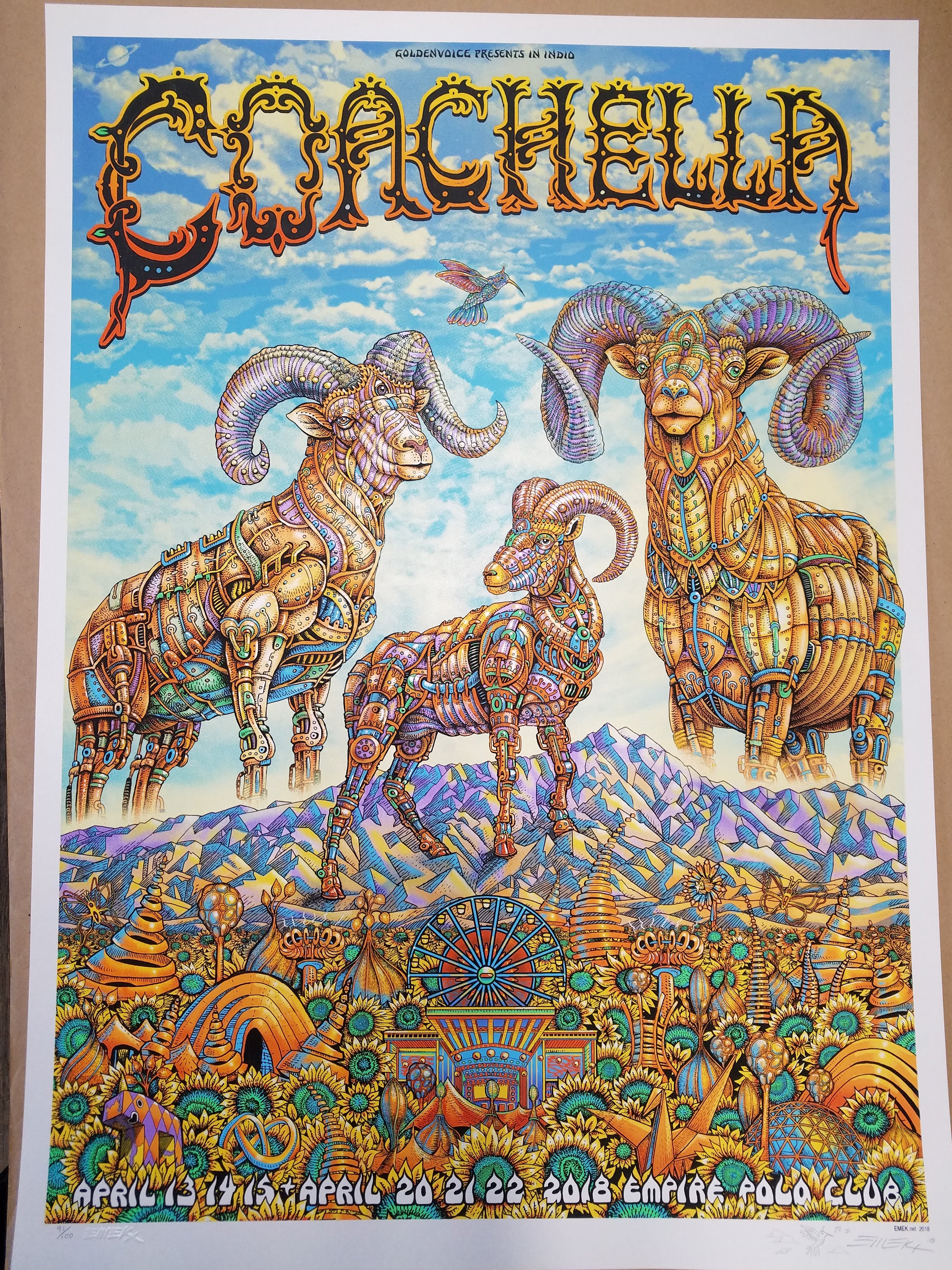 Coachella 2018 by Emek.  Screen print.  22" x 30.5".  All prints are stored flat. Print is in very good condition as received from the artist.  Following purchase, all prints are rolled in archival paper and shipped in a sturdy cardboard tube which is bubble wrapped on the inside for each end.