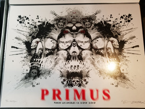 Title:  Primus at the Los Angeles Forum by Emek   Artist:  Emek  Edition:   xx/100  Type:  Screen print  Size:  24" x 18"  Location:   Los Angeles, CA    Venue:  LA Forum, Los Angeles Forum, Fabulous Forum, The  Notes:   Signed, numbered, embossed and double doodled by the artist  All prints are stored flat.  Following purchase, all prints are rolled in archival paper and shipped in a sturdy cardboard tube which is bubble wrapped on the inside for each end.