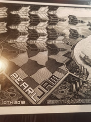Title:  Pearl Jam - Seattle 2018  Artist:  EMEK  Edition: A limited edition silkscreen print of 300. Signed, numbered, embossed & doodled. Oficial Pearl Jam holographic sticker of authenticity on back of each.  Type:  Screen Print  Size: 24" x 15"  Location: Seattle, Washington (August 18 and 20th, 2018)  Notes: A black & white dystopian world, as imagined by George Orwell and INSPIRED BY ARTIST MC Escher, as filtered through EMEK.