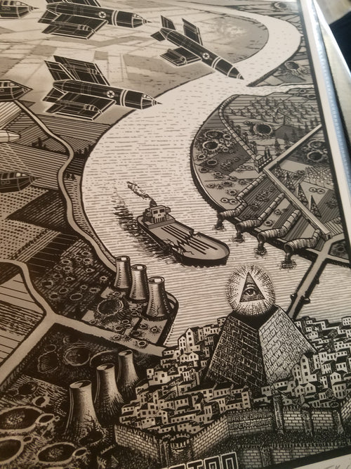 Title:  Pearl Jam - Seattle 2018  Artist:  EMEK  Edition: A limited edition silkscreen print of 300. Signed, numbered, embossed & doodled. Oficial Pearl Jam holographic sticker of authenticity on back of each.  Type:  Screen Print  Size: 24" x 15"  Location: Seattle, Washington (August 18 and 20th, 2018)  Notes: A black & white dystopian world, as imagined by George Orwell and INSPIRED BY ARTIST MC Escher, as filtered through EMEK.