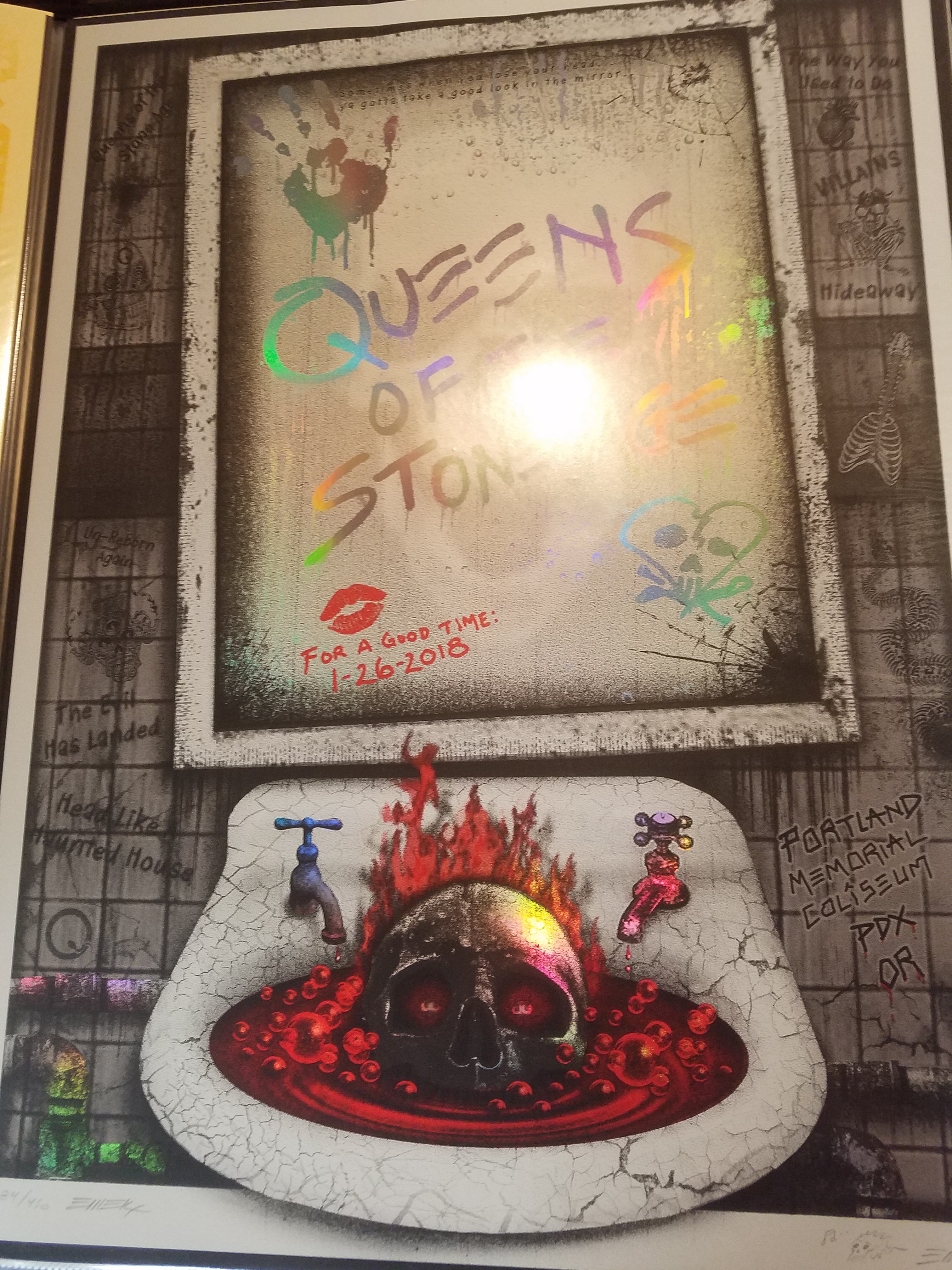 Title: Queens of the Stone Age Mirror Foil (2018)  Artist: EMEK  Edition: 1/26/2018 Limited Edition Screen Printed Poster of 450, signed and numbered by the artist.  Type: Rainbow Foil Mirror Holographic Paper with Glow-In-The-Dark Inks  Size: 18" X 24"  Location: Portland, OR  Venue: Portland Memorial Coliseum