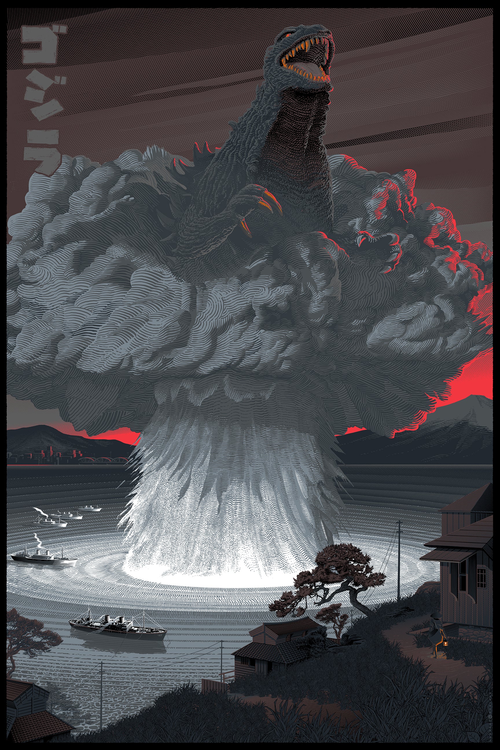 Title:  "Godzilla"  Artist:  Laurent Durieux  Edition:  Variant edition. Released by Dark Hall Mansion in 2015 in a limited edition of 125, signed and numbered by the artist.  Type:  Screen print poster  Size:  36" x 24"  Notes:  Inspired by the iconic film.  Stored flat in very good condition.  Check out our other listings for more hard-to-find and out-of-print posters.