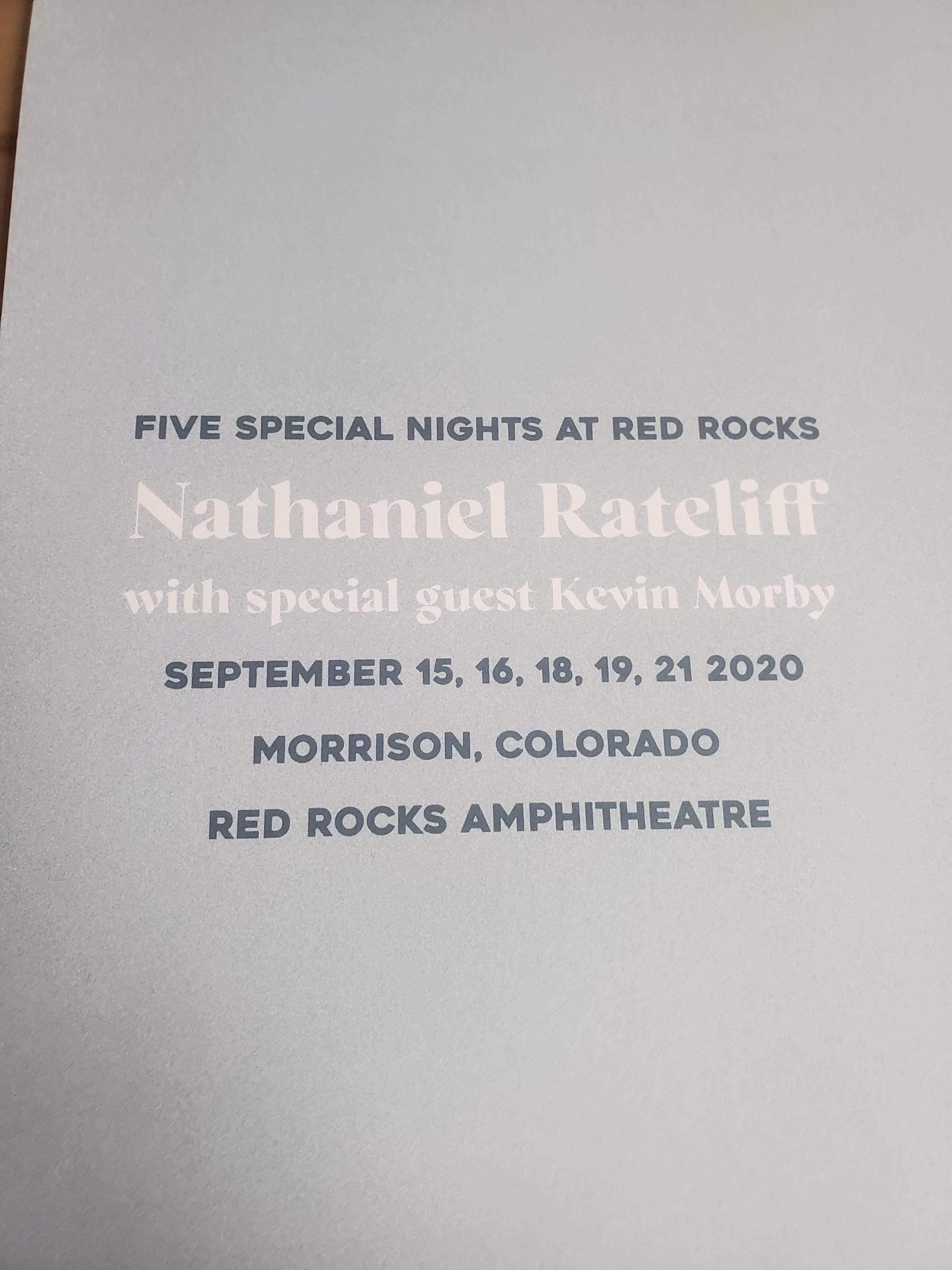 Title:  Nathaniel Rateliff - Five Special Nights at Red Rocks (2020)  Artist:  Nate Meese  Type: Screen print poster  Size: 24" x 18"  Venue:  Red Rocks Amphitheatre  Location:  Morrison, CO  Notes:  Print is stored flat in very good condition. Following purchase, prints are rolled in archival paper and shipped with bubble wrap in sturdy cardboard tubes.  Check out our other listings for more hard-to-find and out-of-print posters.