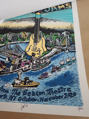 Title: "The Beacon Jams" SET OF THREE PRINTS (diff #s)  Poster artist: Jim Pollock  Edition: x/200, x/500, x/1600, signed by Jim Pollock and Trey Anastasio  Type: Screen Print  Size: 15" x 22"  Location: New York City  Venue: Beacon Theatre  Notes: Prints are in mint/near mint condition with no issues.  Printed on Neenah Stardream Crystal paper.  signed/numbered: yes - each of the 3 posters is signed by both Trey Anastasio and Jim Pollock.