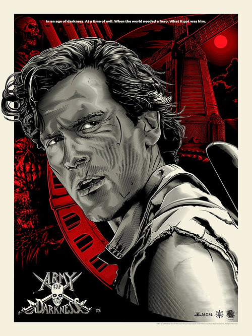 "Army of Darkness (Red Regular)" screen print poster by artist Jeff Boyes. Inspired by the cult classic film.  Released by Skuzzles in 2014 in a limited edition of 150 prints. Print measures 18x24 inches, hand-numbered.  Print is stored flat in very good condition. Following purchase, prints are rolled in archival paper and shipped with bubble wrap in sturdy cardboard tubes.  Check out our other listings for more hard-to-find and out-of-print posters.