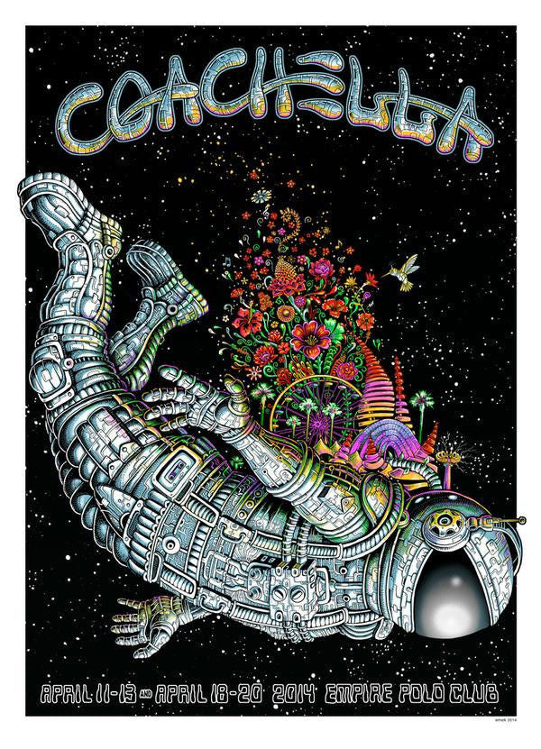 Title:  2014 Coachella Artist Proof by EMEK Glow In The Dark!  Artist:  Emek  Edition:  April 11, 2014 xx/100, s/n  Type:  GLOW-IN-THE-DARK and Black Light Reactive  Size:  18" x 24"  Location:  2014 Empire Polo Club  Venue:  Indio, CA  Notes:  In hand ready to ship.  Check out our other listings for more hard-to-find and out-of-print posters.