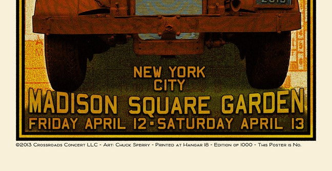 Crossroads Guitar Festival 2013 at Madison Square Garden, NYC.  22" x 32".  Poster by Chuck Sperry.  *slightly damaged on bottom left corner - see picture. Following purchase, prints are rolled in archival paper and shipped with bubble wrap in sturdy cardboard tubes.